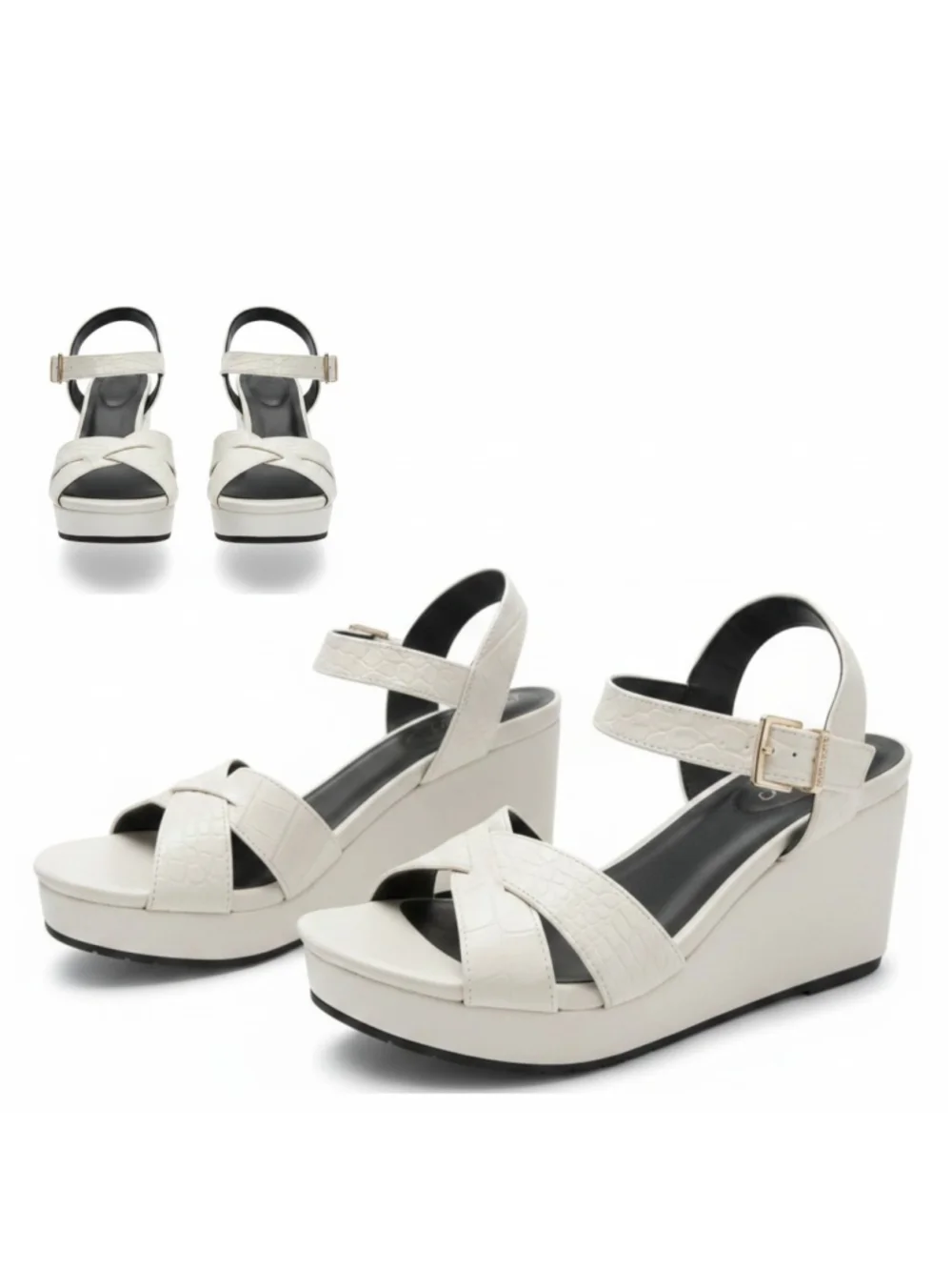 Kenneth Cole Crocodile Embossed Wedge Platform Sandals - 7.5 M Ivory Off White